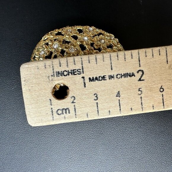 VTG Oval Brooch Pin 1.5" Floral Clear Rhinestone Yellow‎ Gold Plated Filigree - Picture 6 of 7